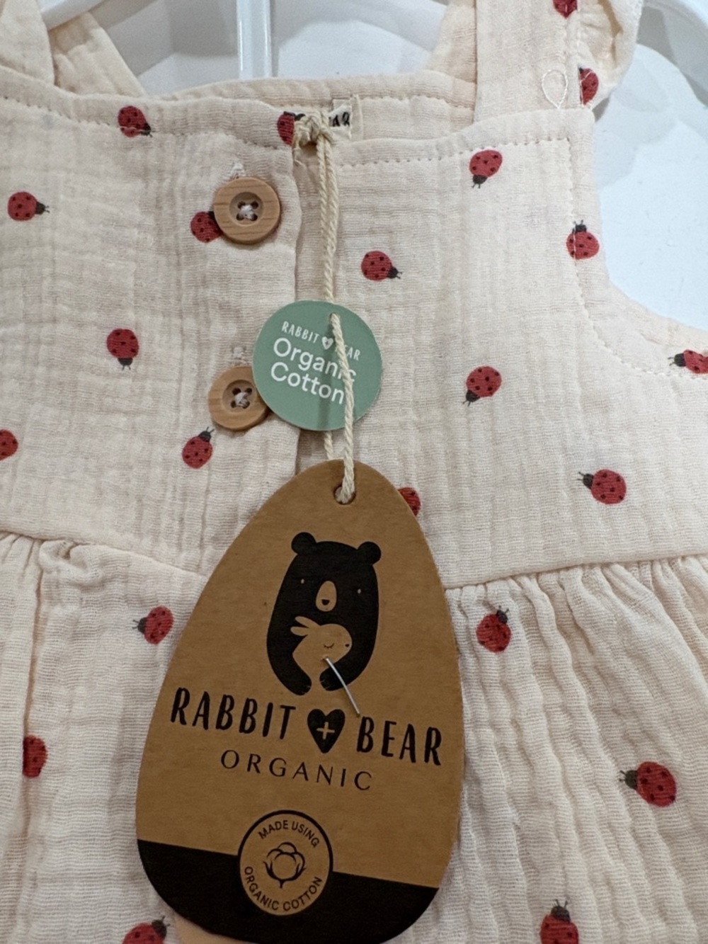 Rabbit & Bear Organic cotton Cream 3 pc Baby Dress with diaper cover and hat . - Picture 6 of 7
